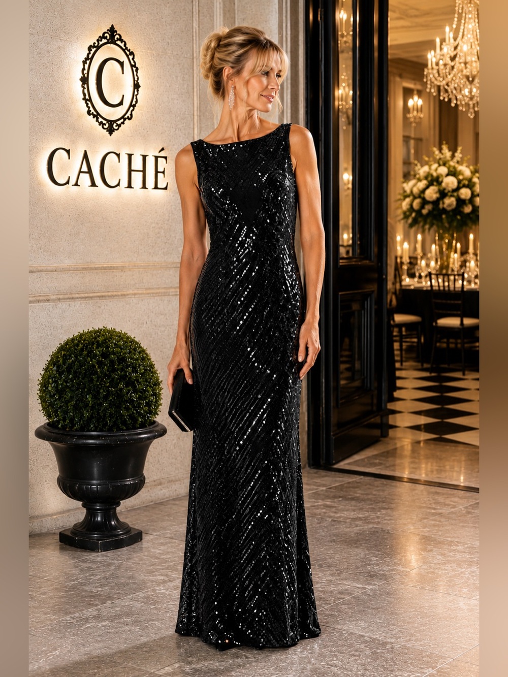 VTG Caché,Black Sequin Boat Neck Lace Up Back Evening Gown Formal Dress Size 8 - Picture 2 of 8